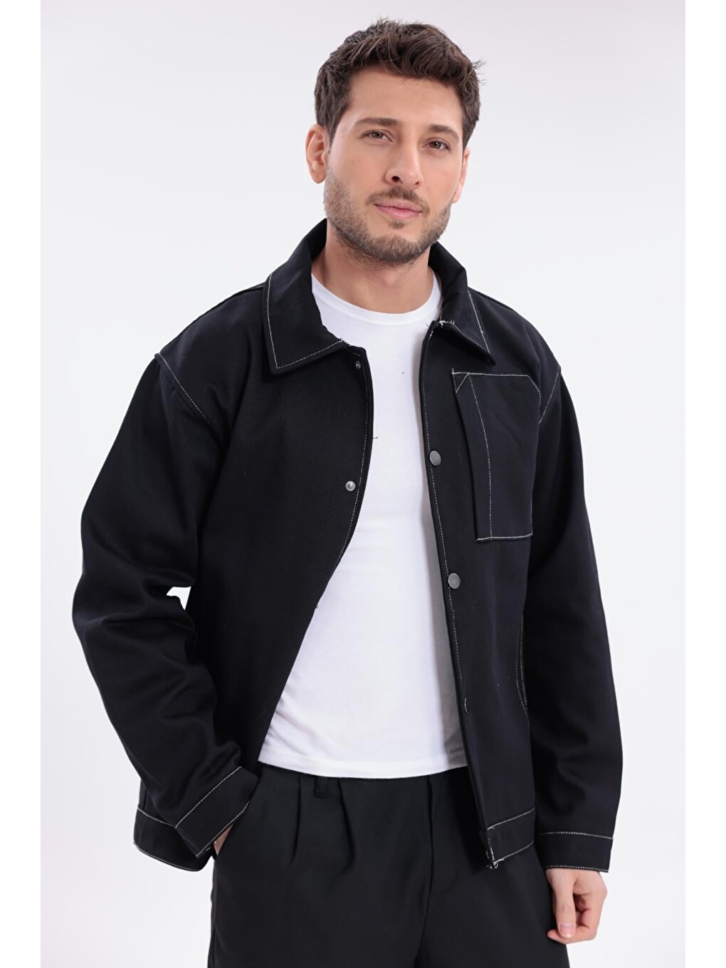 Siyah Erkek Dikiş Detaylı Oversize Gabardin Ceket - Mont-2