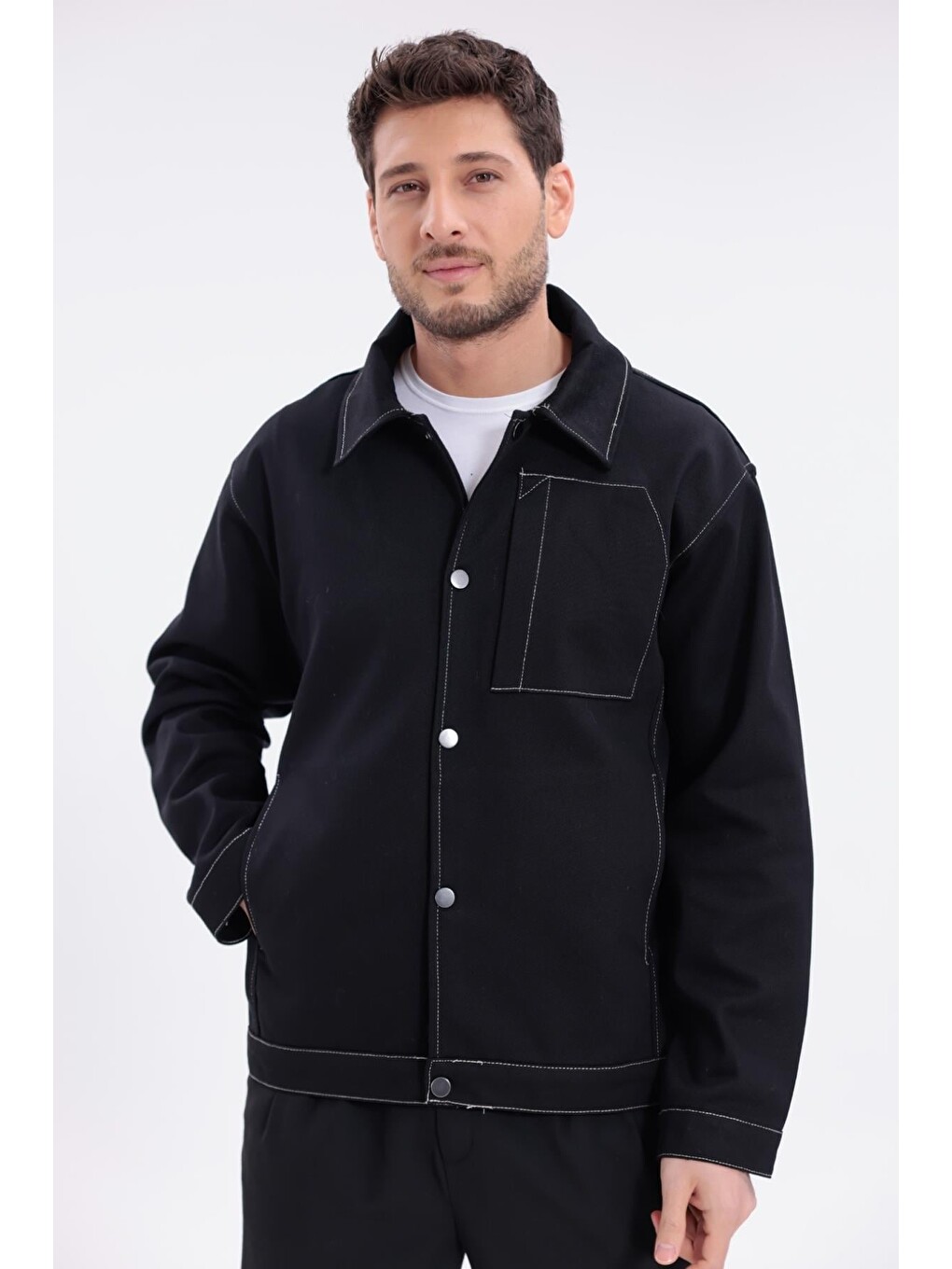 Siyah Erkek Dikiş Detaylı Oversize Gabardin Ceket - Mont-3