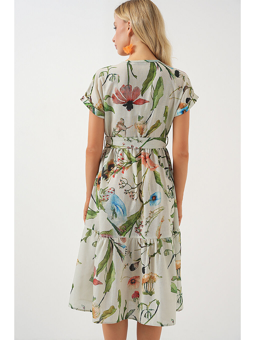 Yeşil Kadın Desenli Kısa Kol Elbise 2558 - Çağla-5