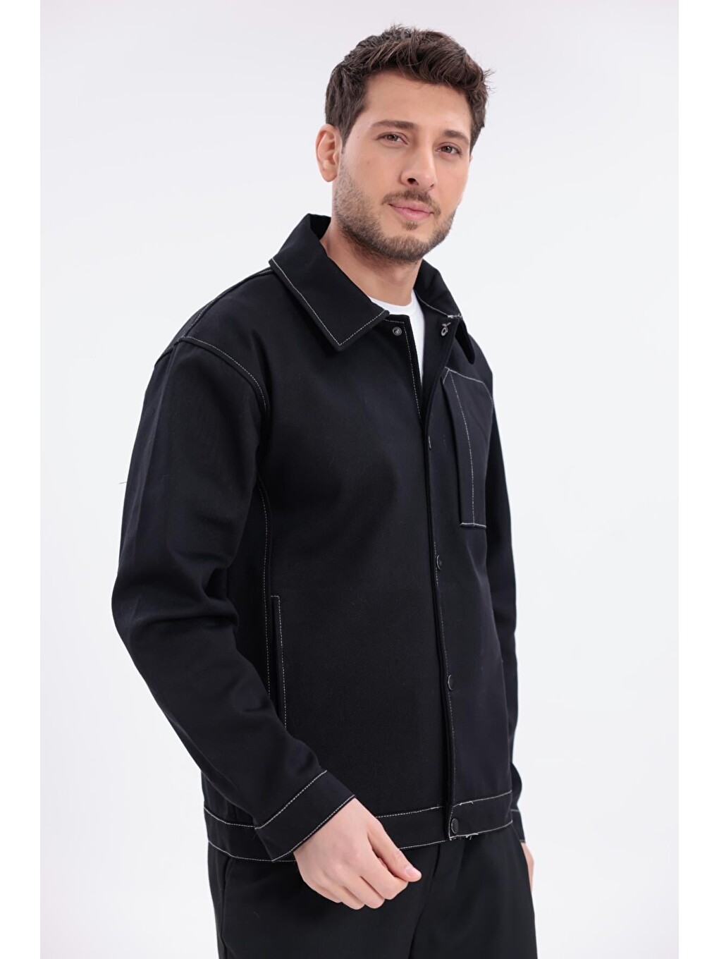 Siyah Erkek Dikiş Detaylı Oversize Gabardin Ceket - Mont-4
