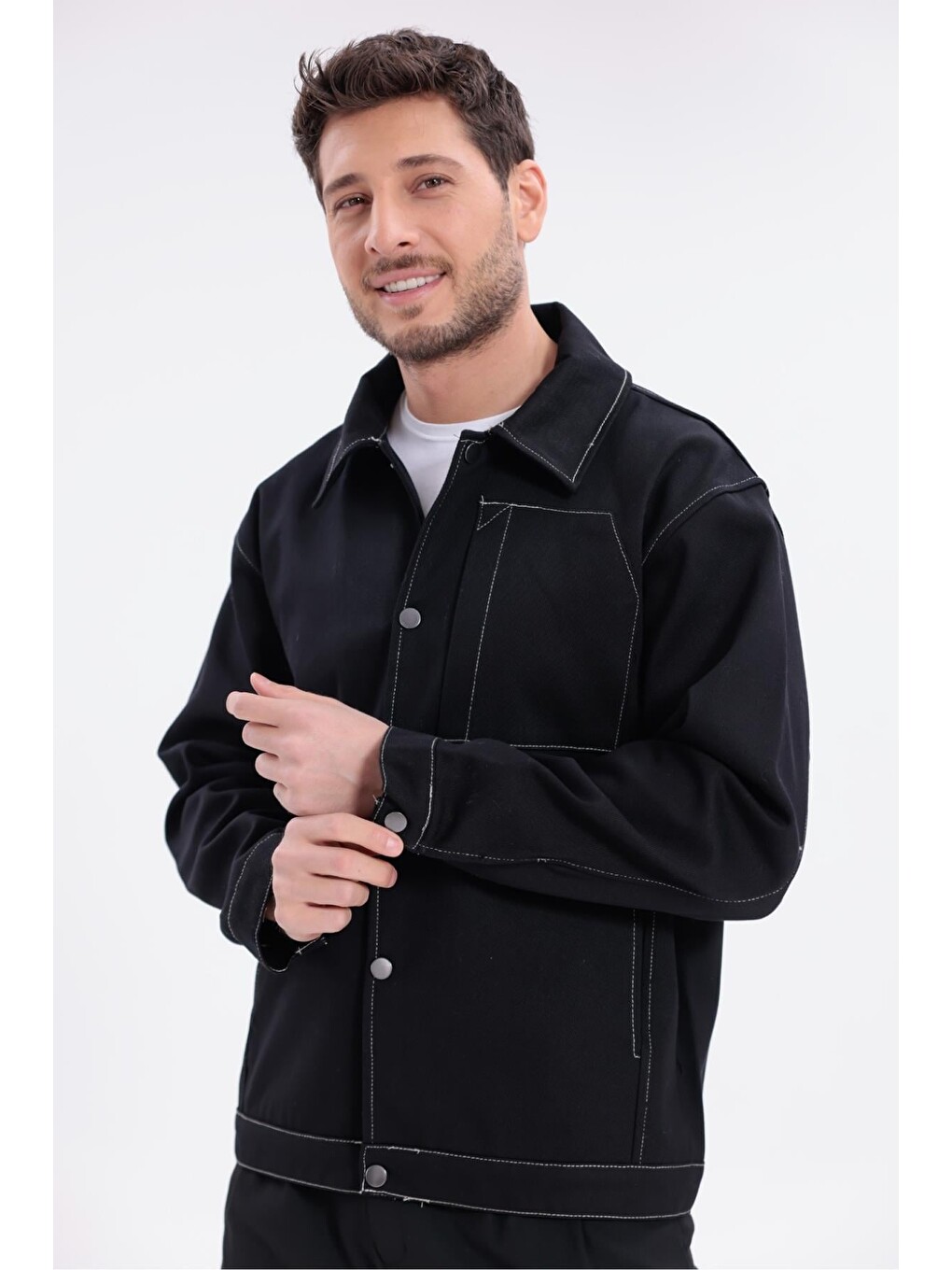 Siyah Erkek Dikiş Detaylı Oversize Gabardin Ceket - Mont-5