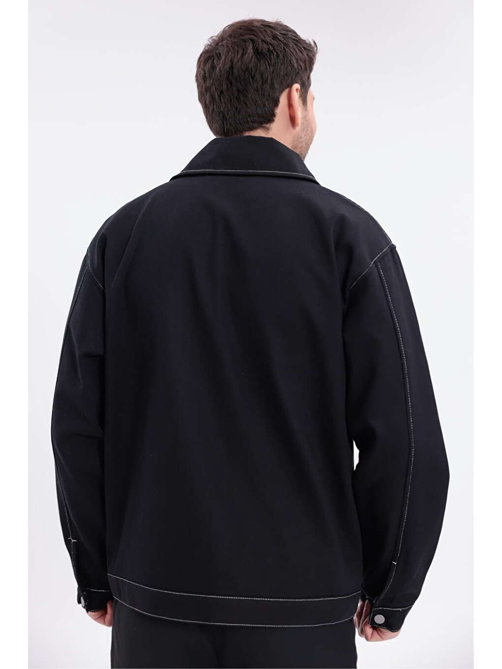 Siyah Erkek Dikiş Detaylı Oversize Gabardin Ceket - Mont-6