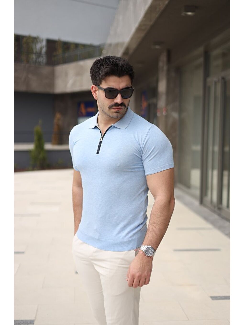 Mavi Erkek Polo Yaka Fermuar Detaylı Tişört