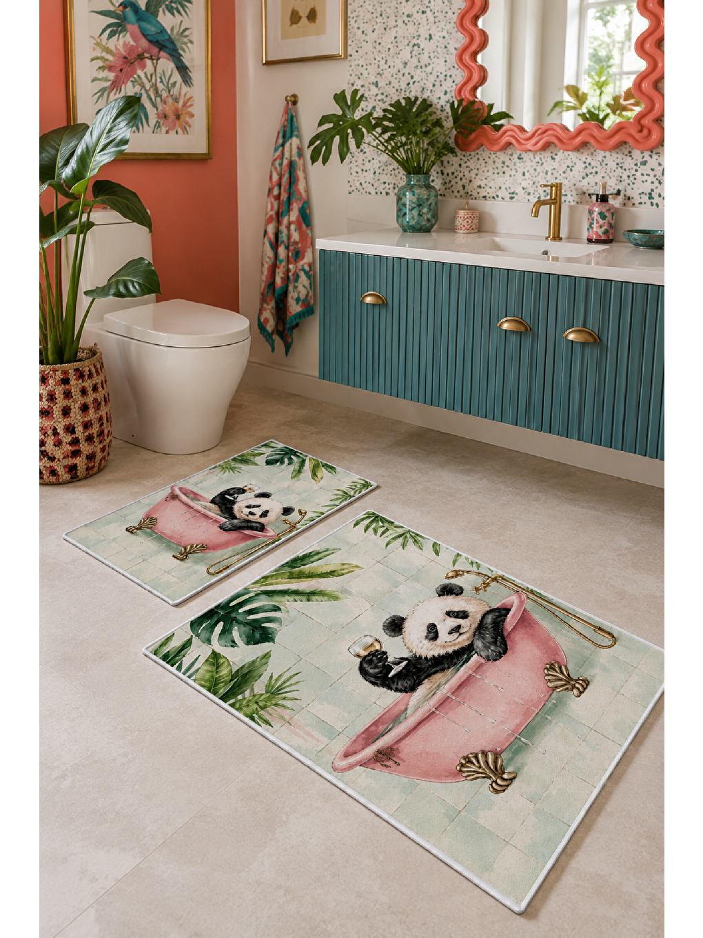 Beyaz Açık Yeşil Panda Desenli Kaymaz Taban Banyo Paspası 2’li Set-2