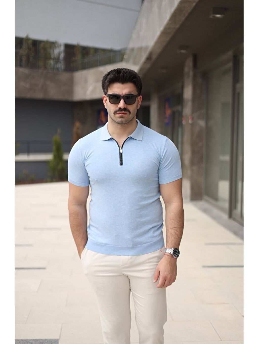 Mavi Erkek Polo Yaka Fermuar Detaylı Tişört-3