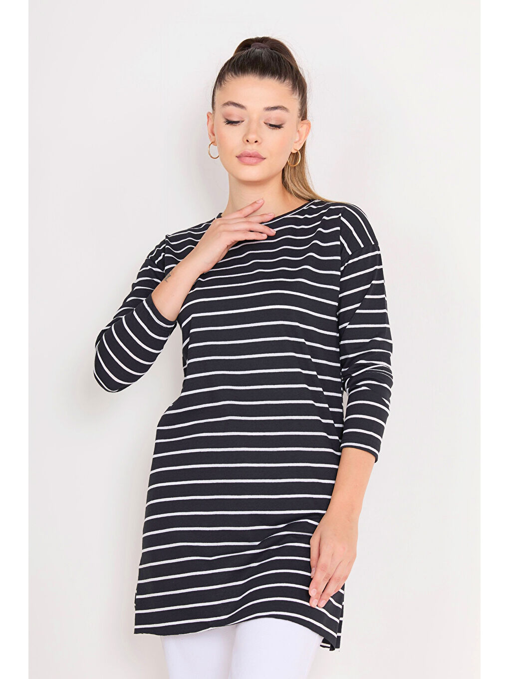 Çİzgili Yırtmaçlı Tunik Siyah - 27134-2