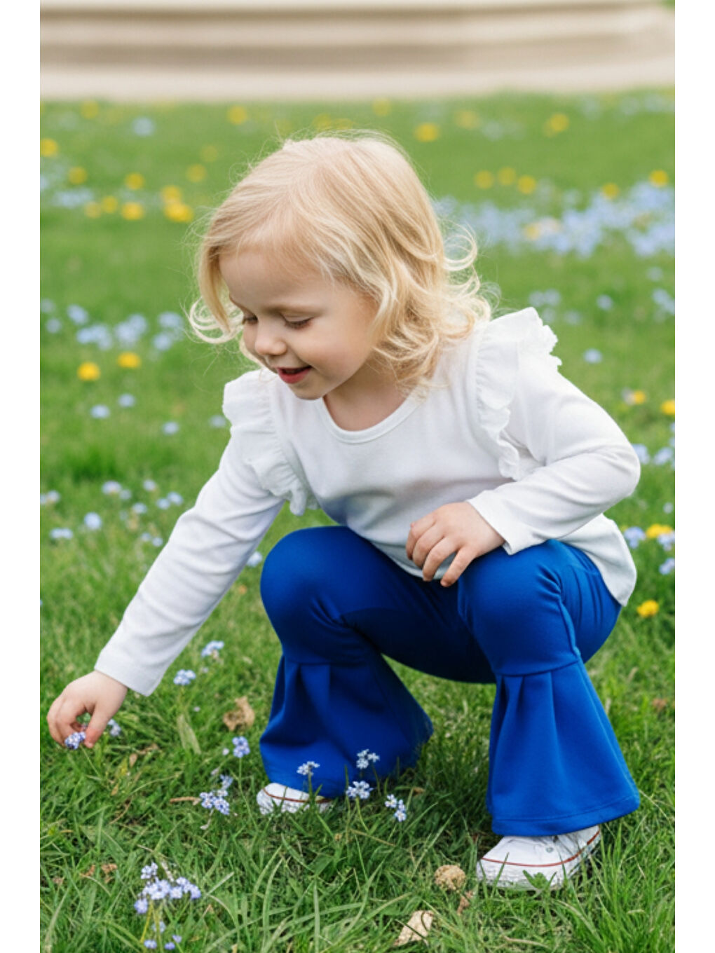 Kız Çocuk Saks Mavi Ispanyol Paça Yüksek Bel Lastikli Tayt Pantolon-1