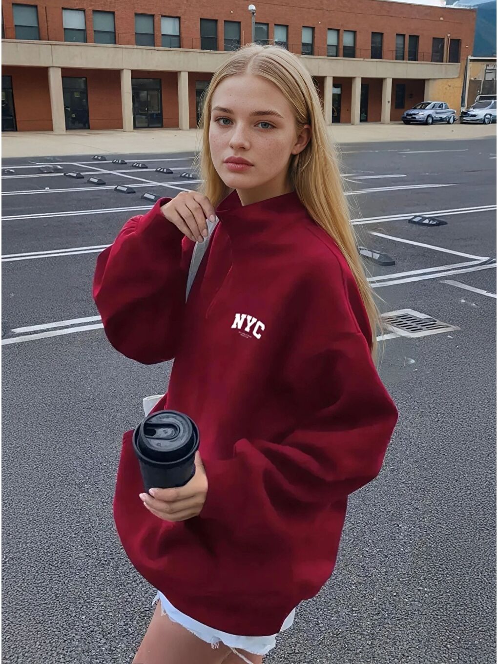 Bordo NYC Fermuarlı Üç İplik Oversize Sweatshirt-1