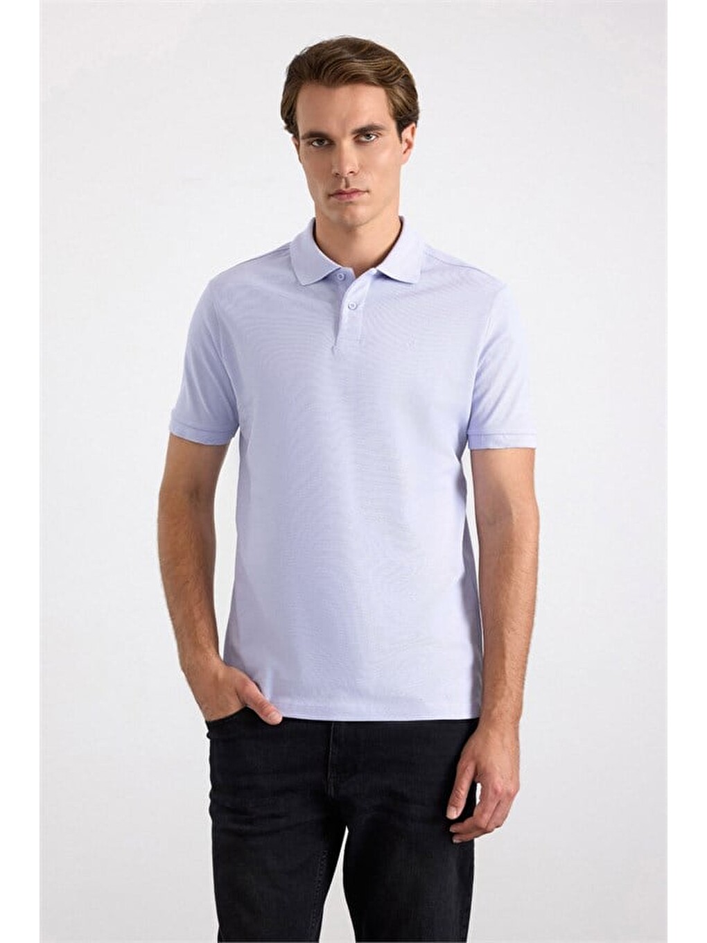 Açık Lila Slim Düz Nakışlı Pike Düğmeli Polo Yaka Tişört-1
