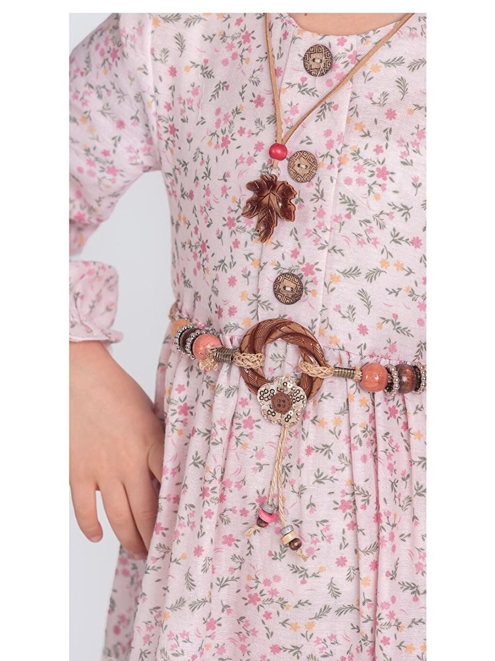 Pembe Müslin Kumaş Kız Çocuk Uzun Kollu Elbise M00705-2