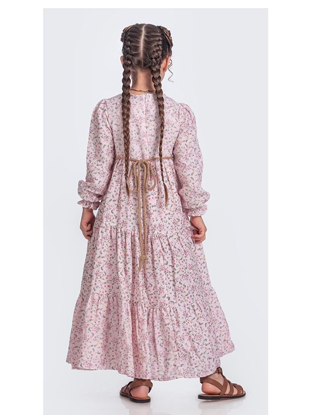 Pembe Müslin Kumaş Kız Çocuk Uzun Kollu Elbise M00705-3