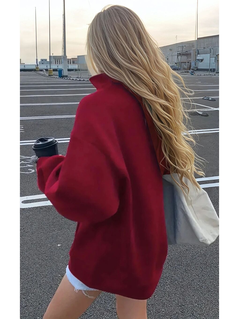 Bordo NYC Fermuarlı Üç İplik Oversize Sweatshirt-2