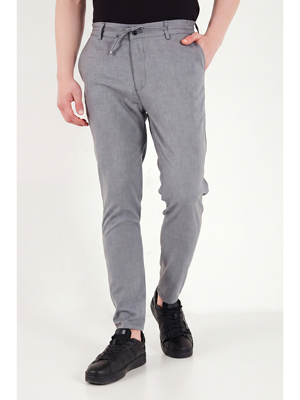 Gri Slim Fit Dar Paça Bağlamalı Pantolon 6843657-1