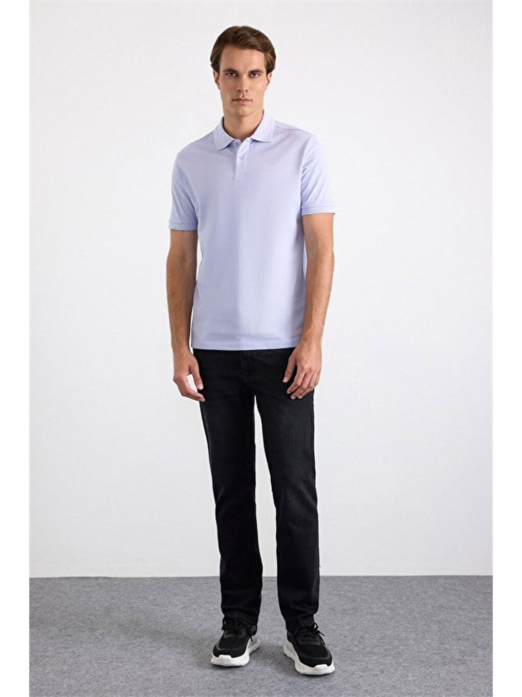 Açık Lila Slim Düz Nakışlı Pike Düğmeli Polo Yaka Tişört-4