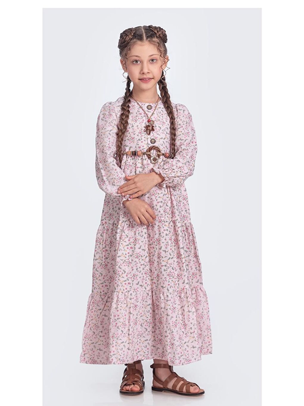 Pembe Müslin Kumaş Kız Çocuk Uzun Kollu Elbise M00705-6