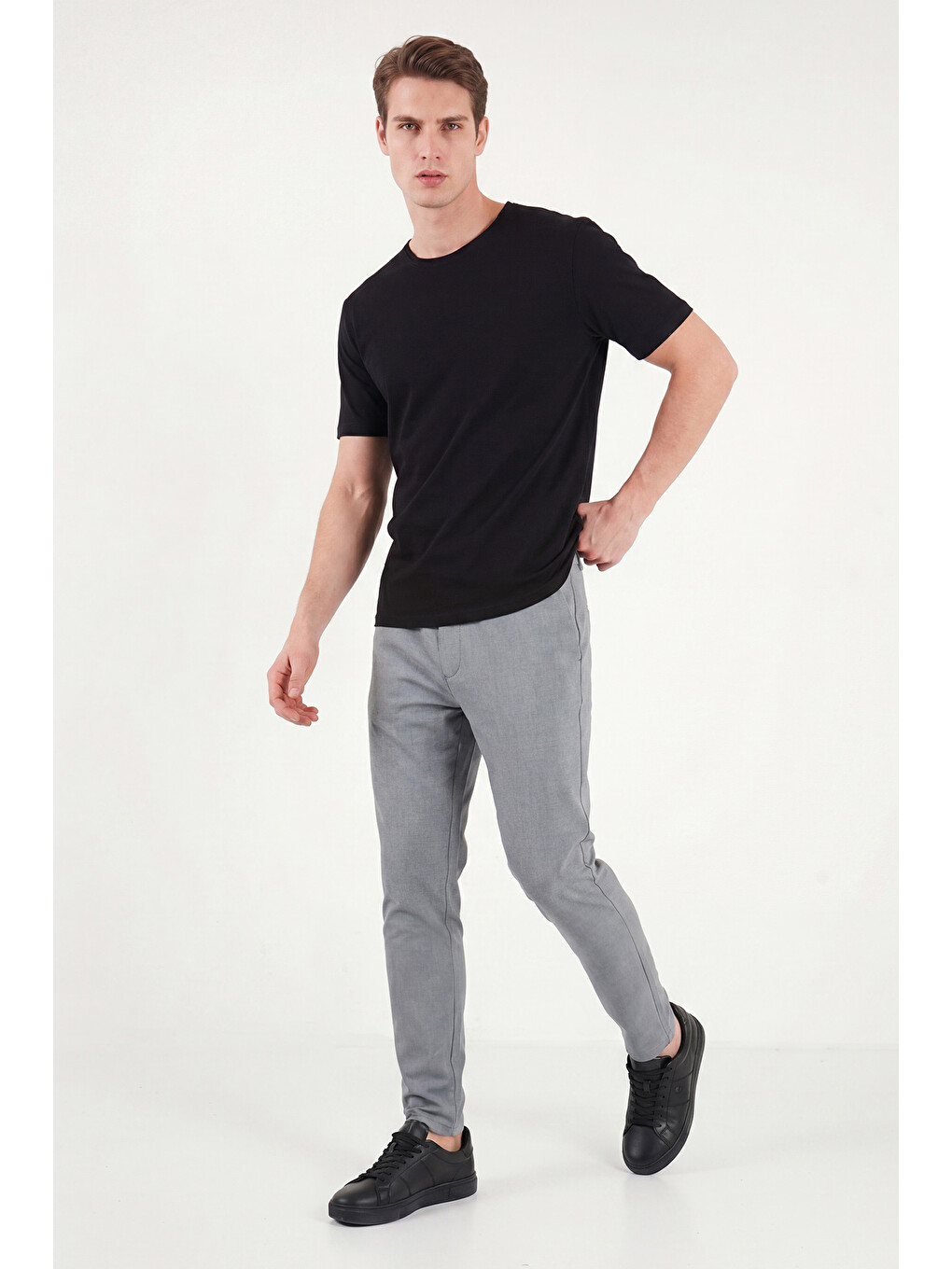 Gri Slim Fit Dar Paça Bağlamalı Pantolon 6843657-2