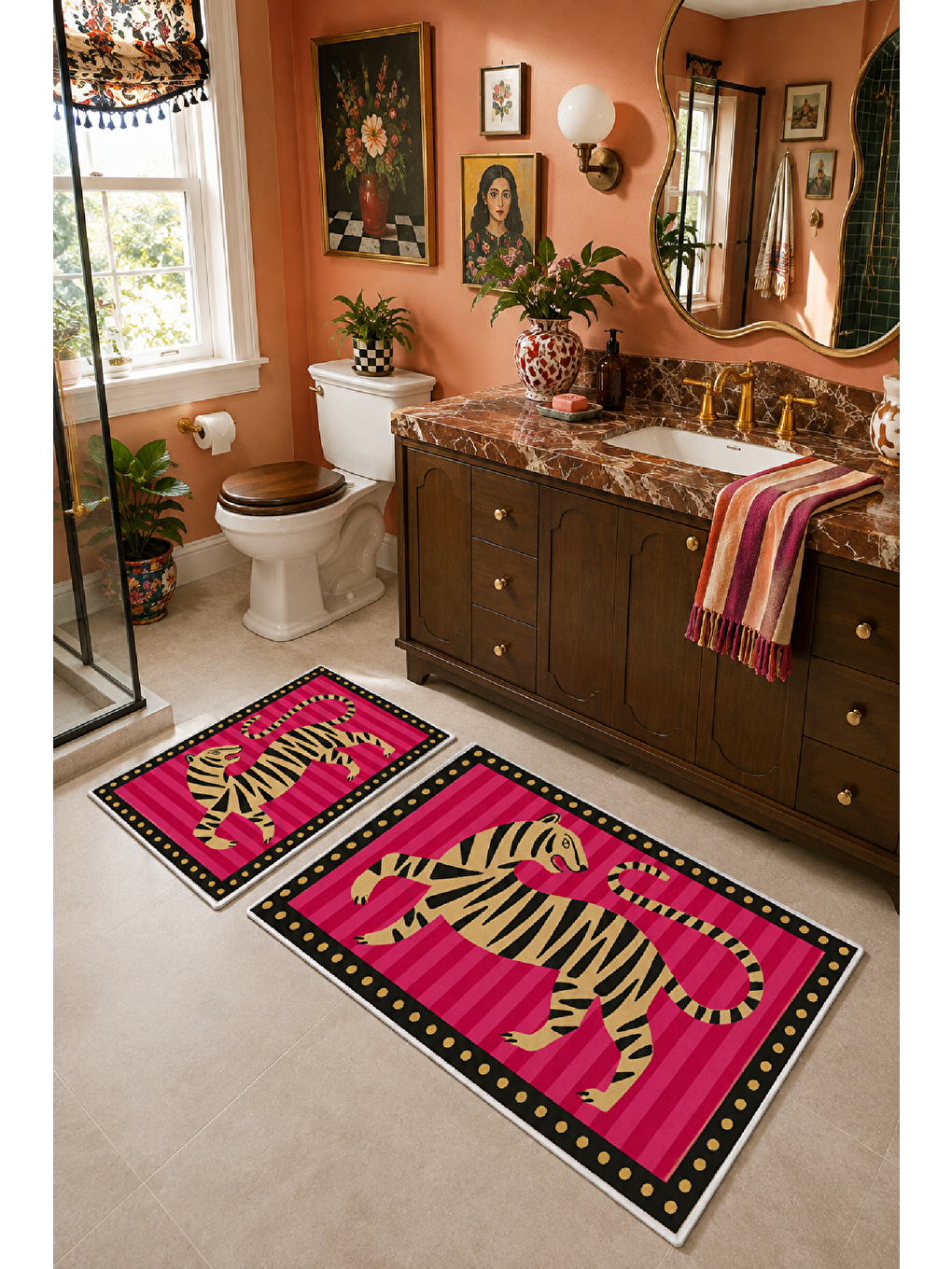 Fuşya Yeşil Kaplan Desenli Kaymaz Taban Banyo Paspası 2’li Set-6