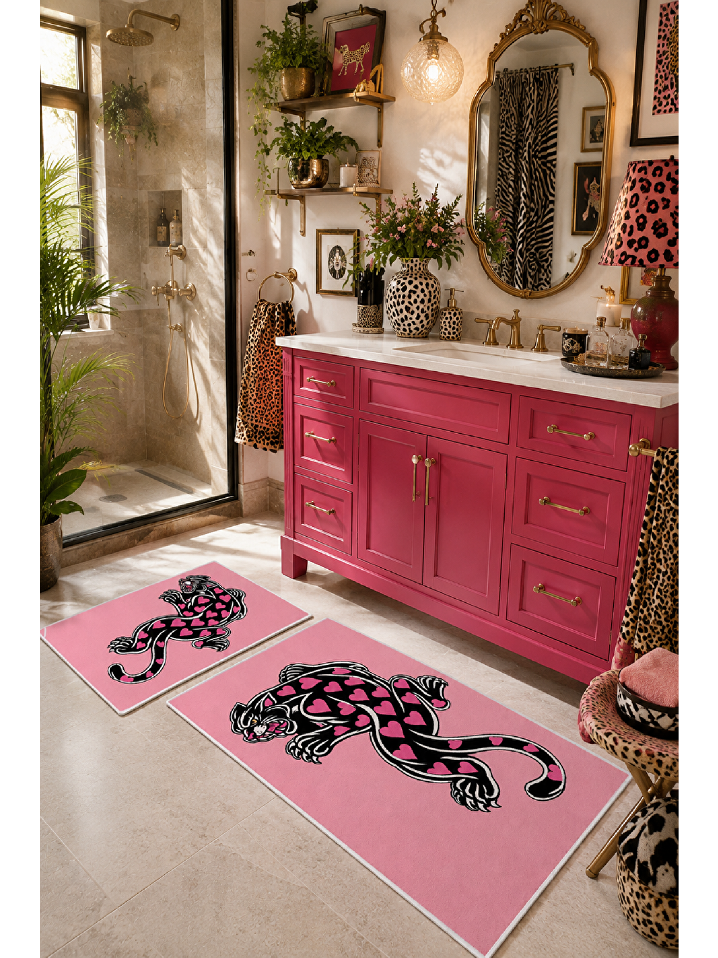Pembe Leopar Desenli Kaymaz Taban Banyo Paspası 2’li Set