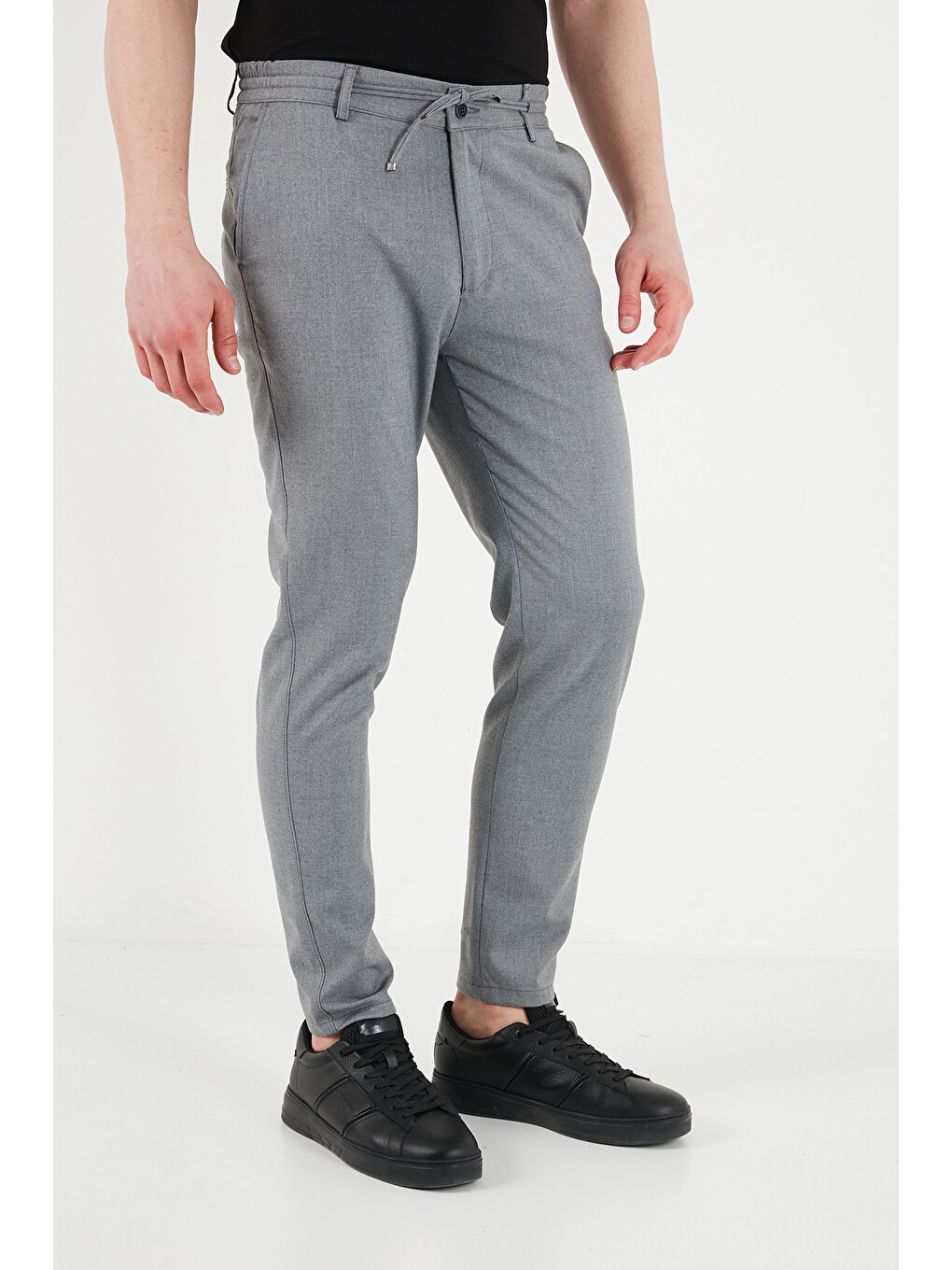 Gri Slim Fit Dar Paça Bağlamalı Pantolon 6843657-3