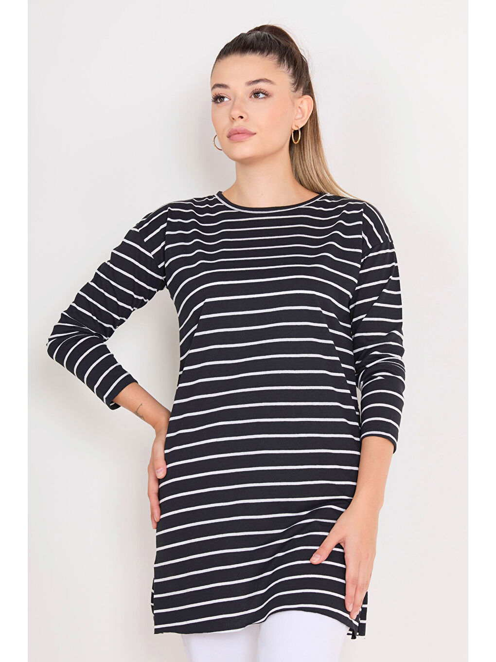 Çİzgili Yırtmaçlı Tunik Siyah - 27134-3