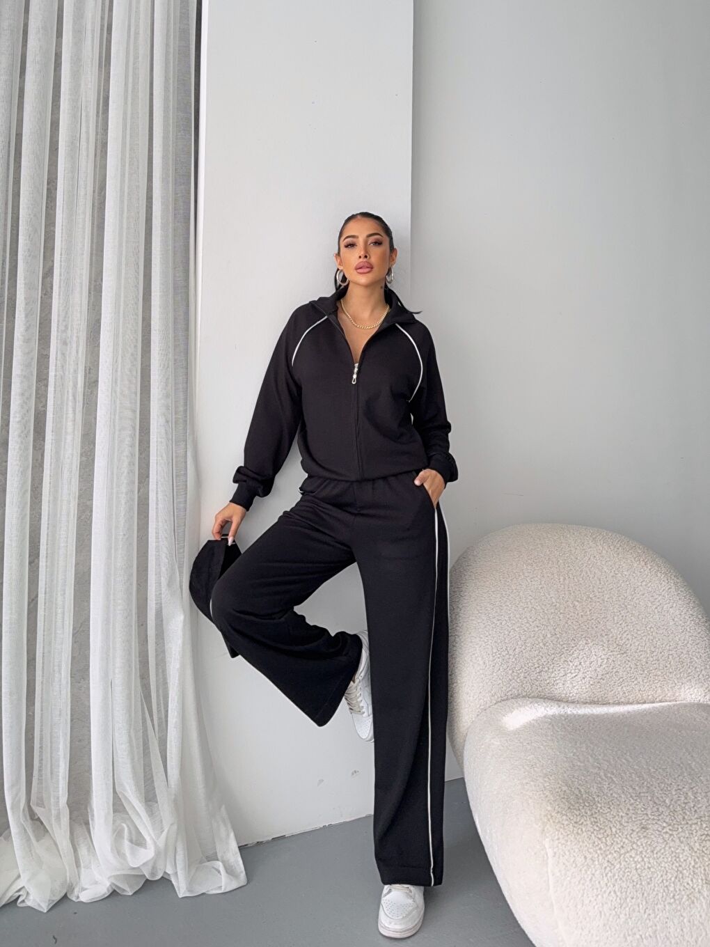 Modal Kumaş Şerit Detaylı Takım Siyah