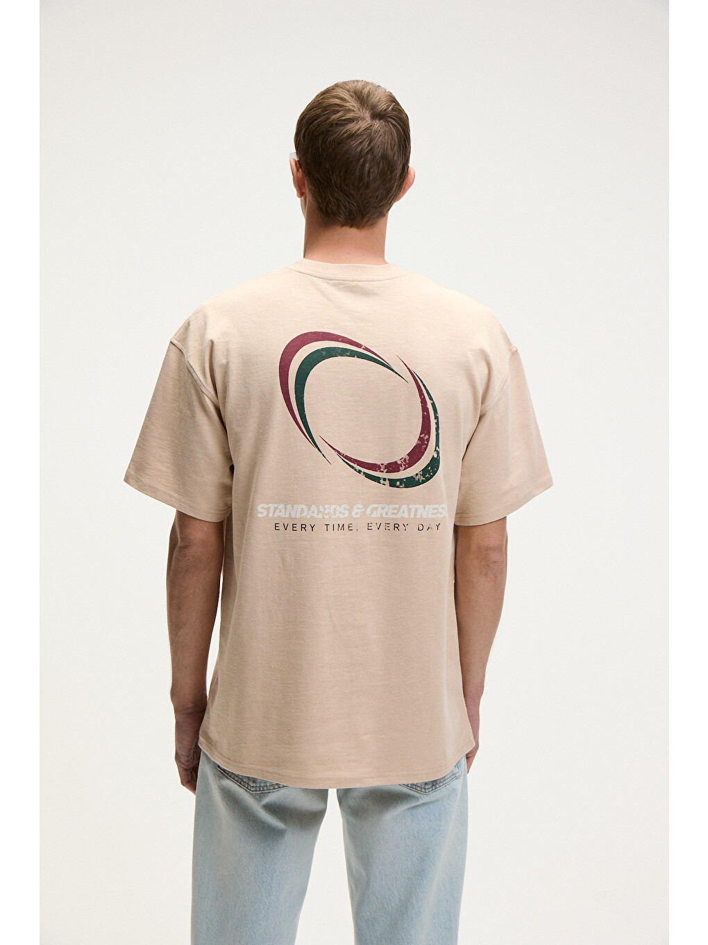 Manol Erkek Bisiklet Yaka %100 Organik Pamuklu Oversize Fit Bej T-shirt-1