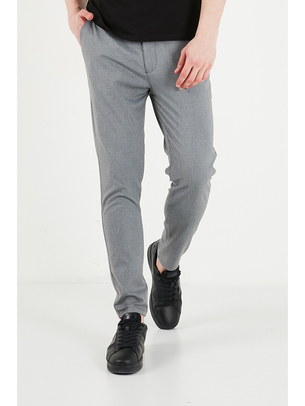 Gri Slim Fit Dar Paça Bağlamalı Pantolon 6843657-4
