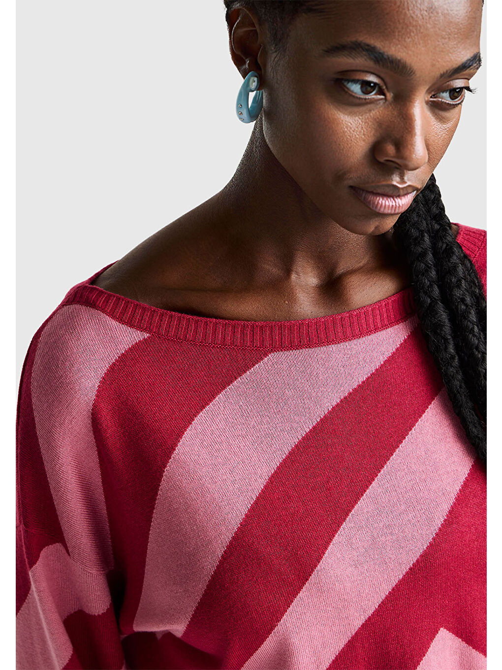 Kadın Fuşya Viskoz ve Yün Karışımlı Çizgi Desenli Kayık Yaka Kazak-5