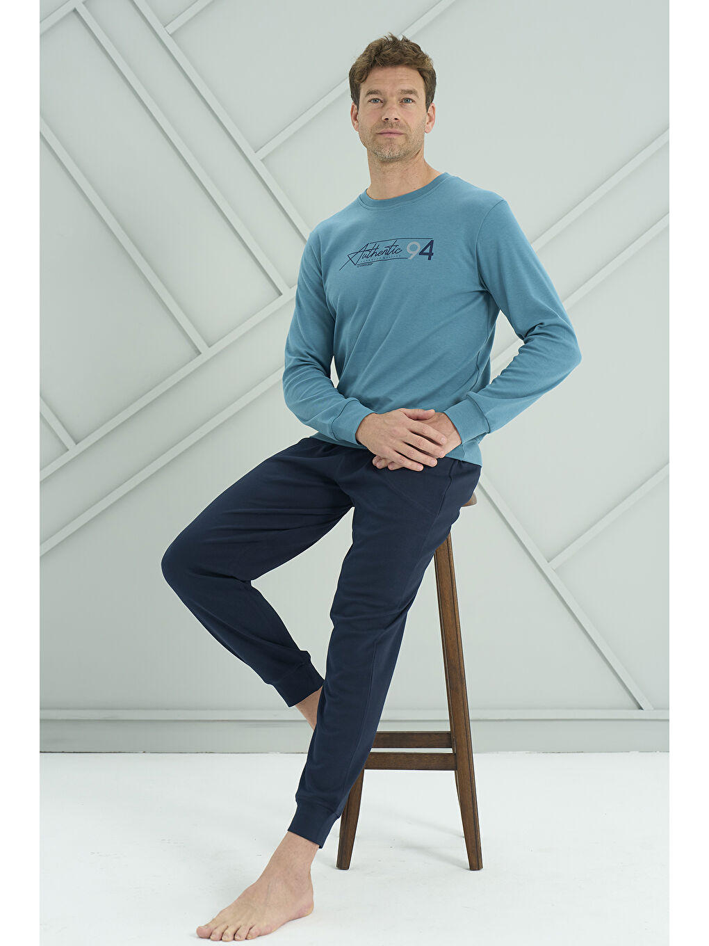 Erkek Interlok Penye Uzun Kol Pijama Takımı 2222 Petrol-1