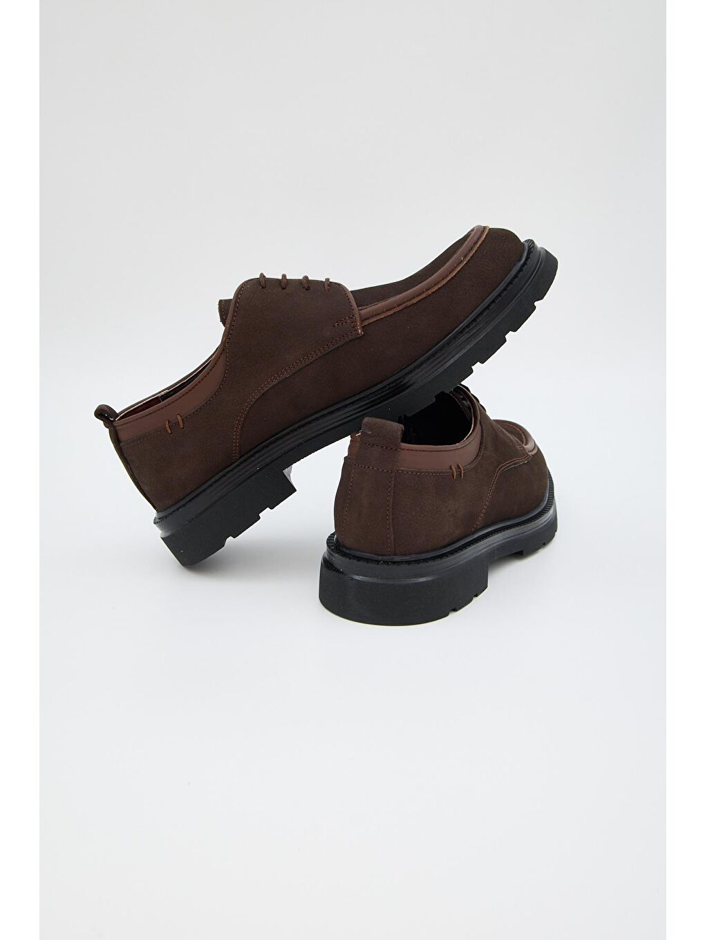 Kahverengi Orijinal Deri Kalın Taban Bağcıklı Günlük Klasik Ayakkabı-4