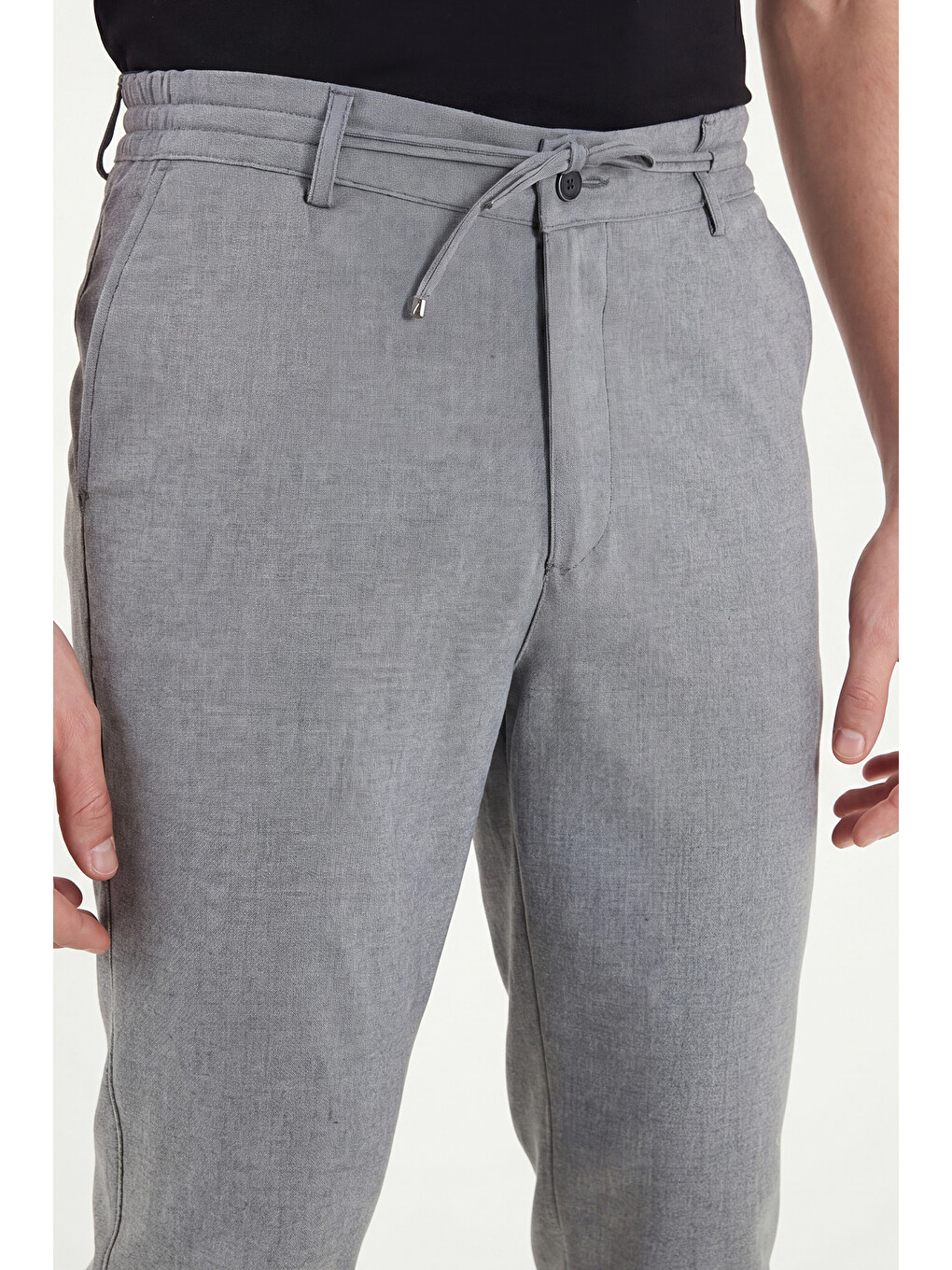 Gri Slim Fit Dar Paça Bağlamalı Pantolon 6843657-6