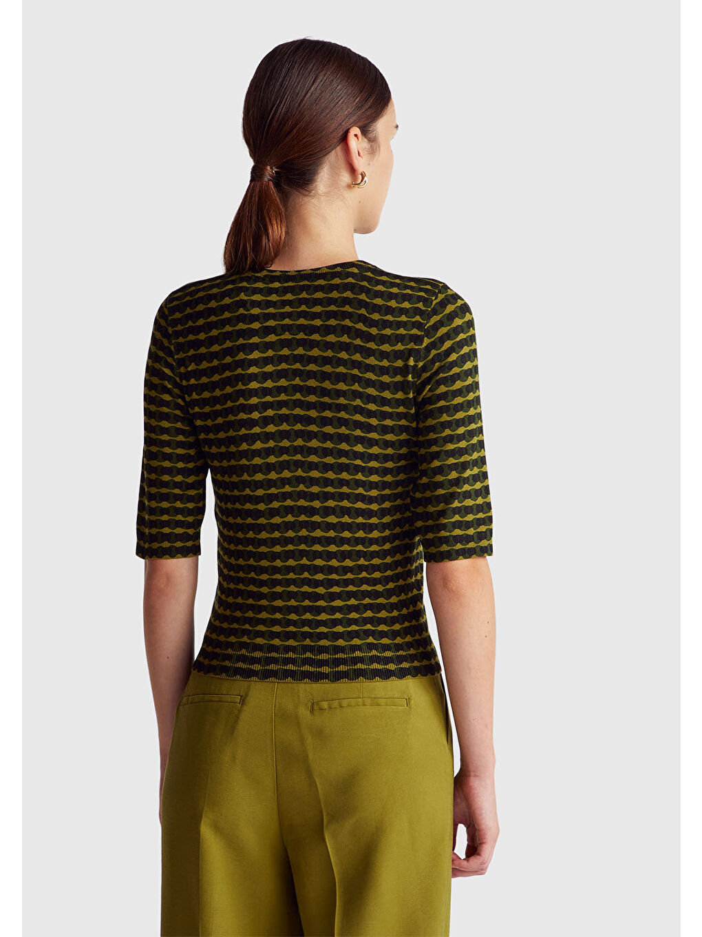 Kadın Haki Yeşili Viskoz Karışımlı Desenli Bisiklet Yaka Kısa Kollu Kazak-1