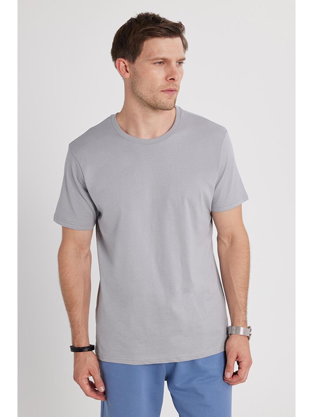 Unisex 5'Li Paket Siyah-Beyaz-Taş-Mavi-Gri Slim Fit Dar Kesim %100 Pamuk Bisiklet Yaka Tişört-4