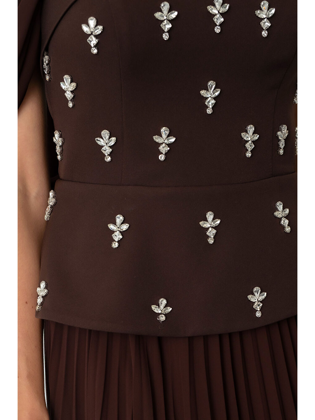 Kadın Kahverengi Straplez Yaka Taşlı Uzun Söz Nişan Nikah Abiye Elbise-3