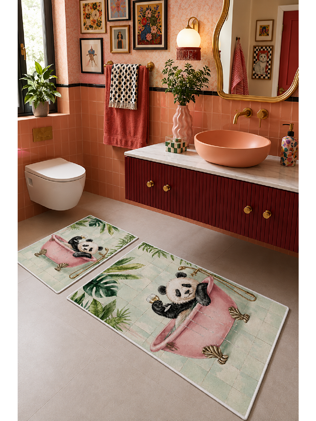 Beyaz Açık Yeşil Panda Desenli Kaymaz Taban Banyo Paspası 2’li Set-3
