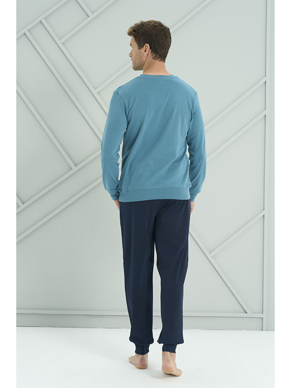 Erkek Interlok Penye Uzun Kol Pijama Takımı 2222 Petrol-2
