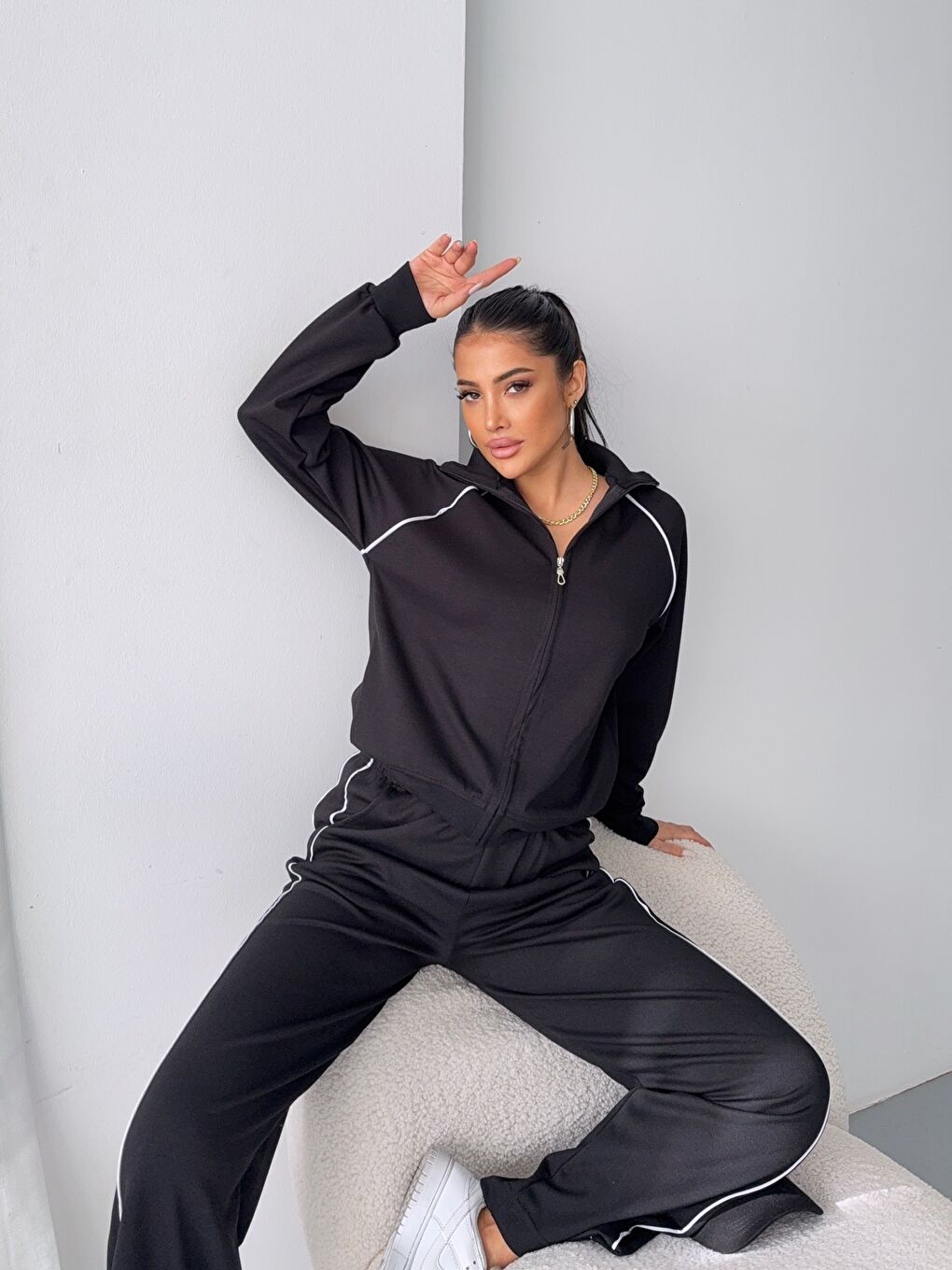 Modal Kumaş Şerit Detaylı Takım Siyah-1