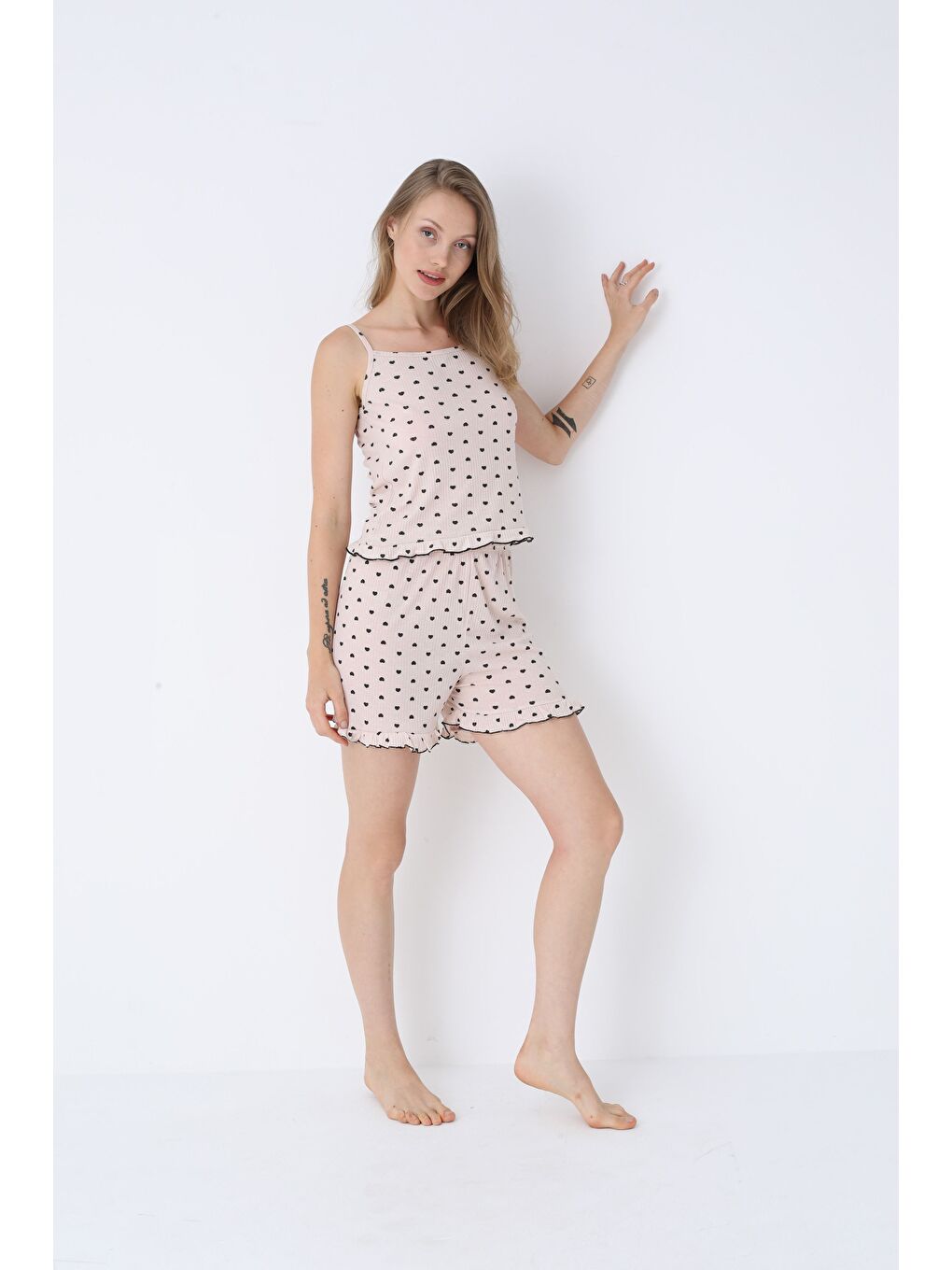 Bej Raporlu Viskon İnce Askılı Şort Takım 7075-2-3