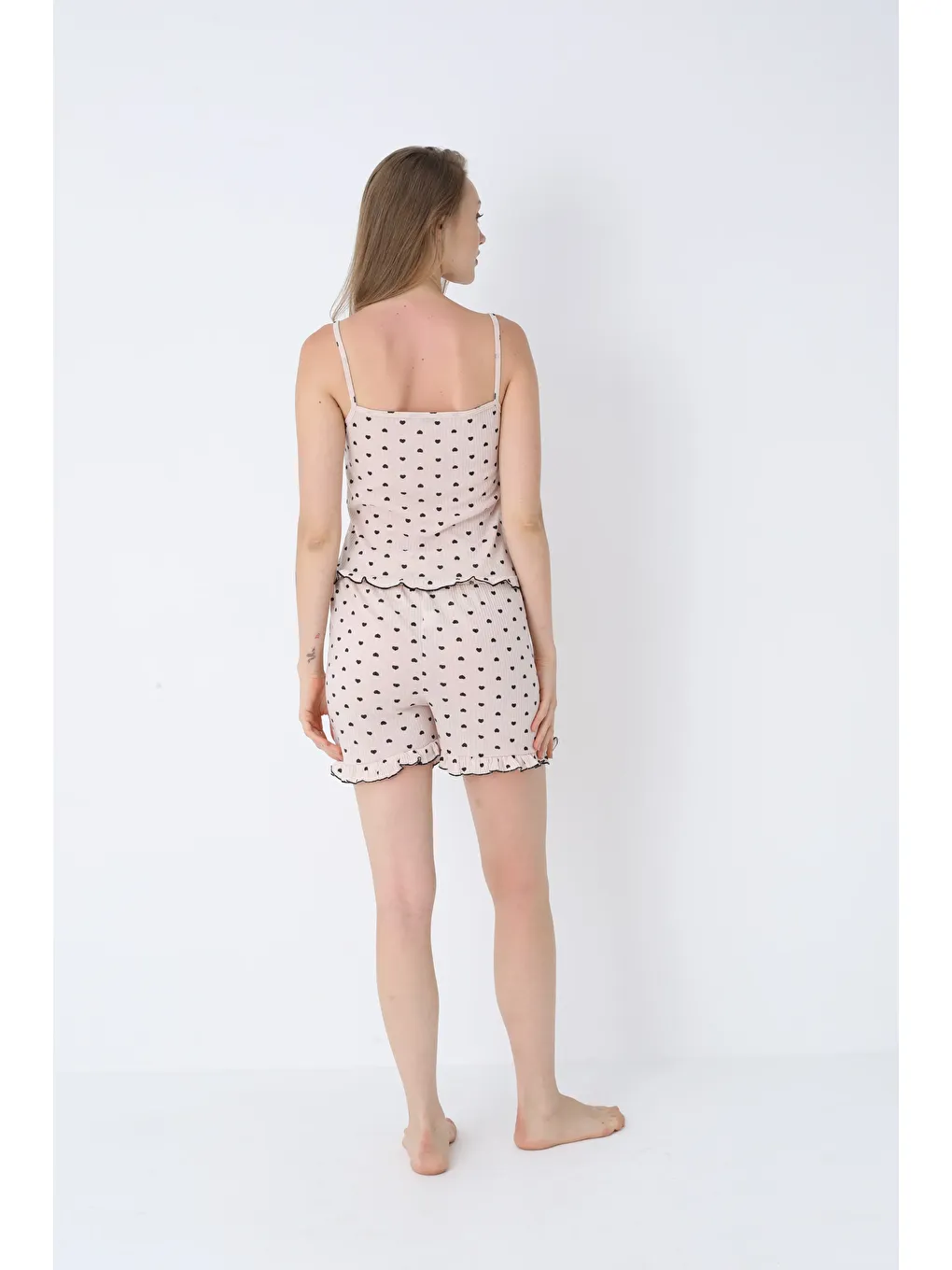 Bej Raporlu Viskon İnce Askılı Şort Takım 7075-2-4