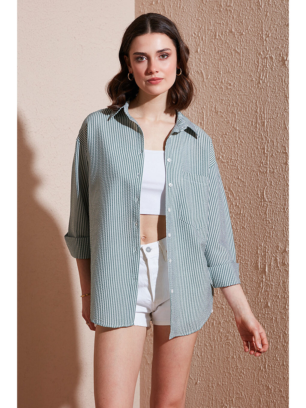 Yeşil Regular Fit Uzun Kollu Cepli Çizgili Kadın Gömlek 6772895