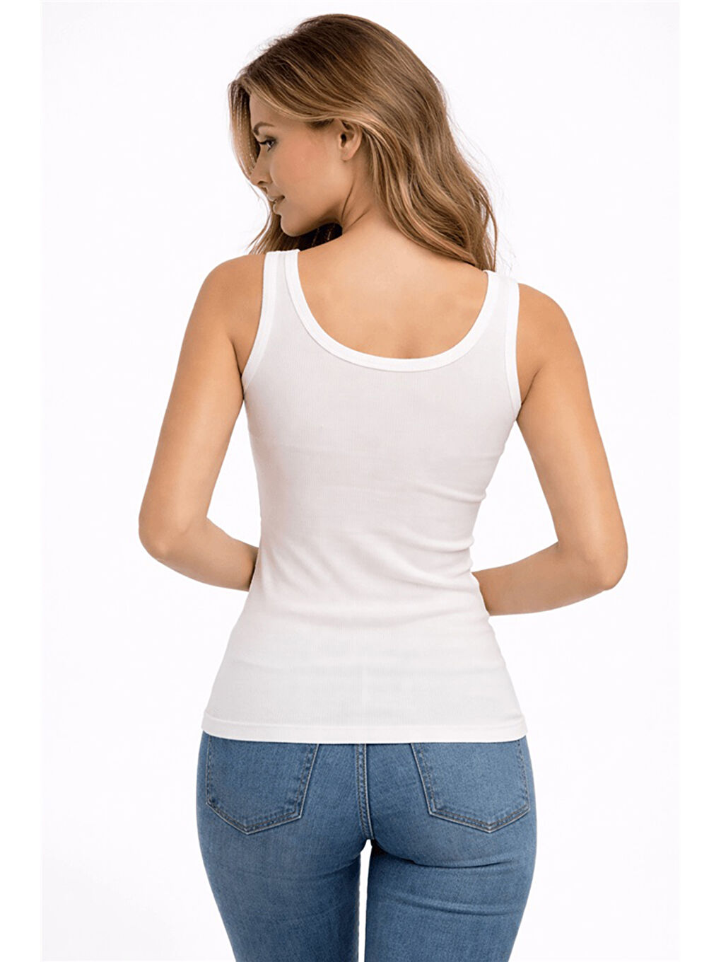 Beyaz Pamuklu Slim Fit Düğme Detaylı Yuvarlak Yaka Kadın Atlet 26Y0127K1-3