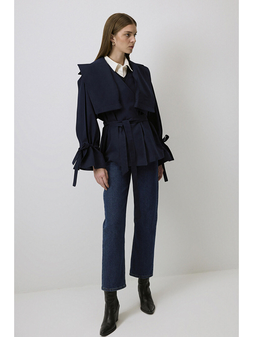 Lacivert Kuşaklı Kısa Trençkot-1