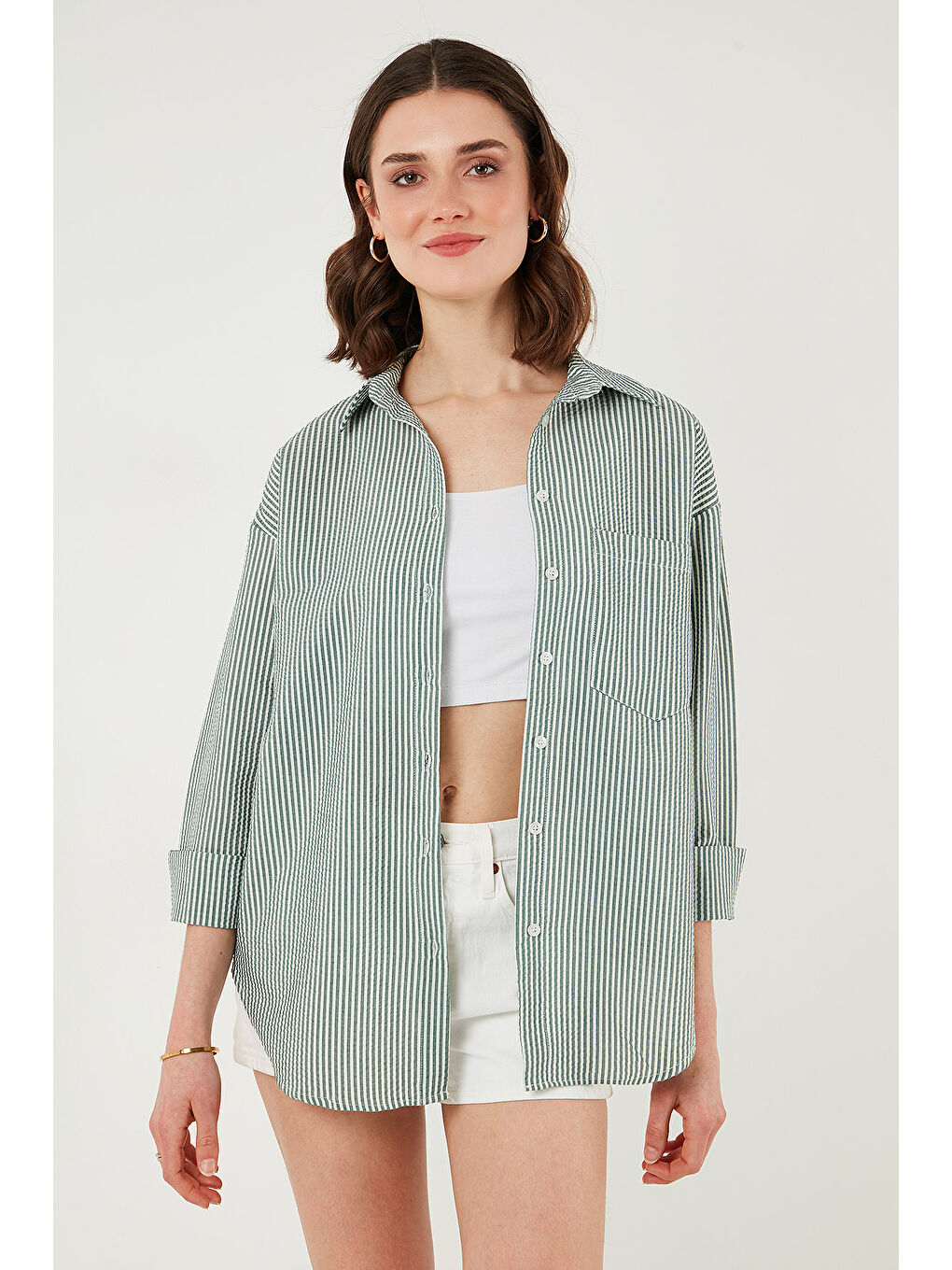 Yeşil Regular Fit Uzun Kollu Cepli Çizgili Kadın Gömlek 6772895-2
