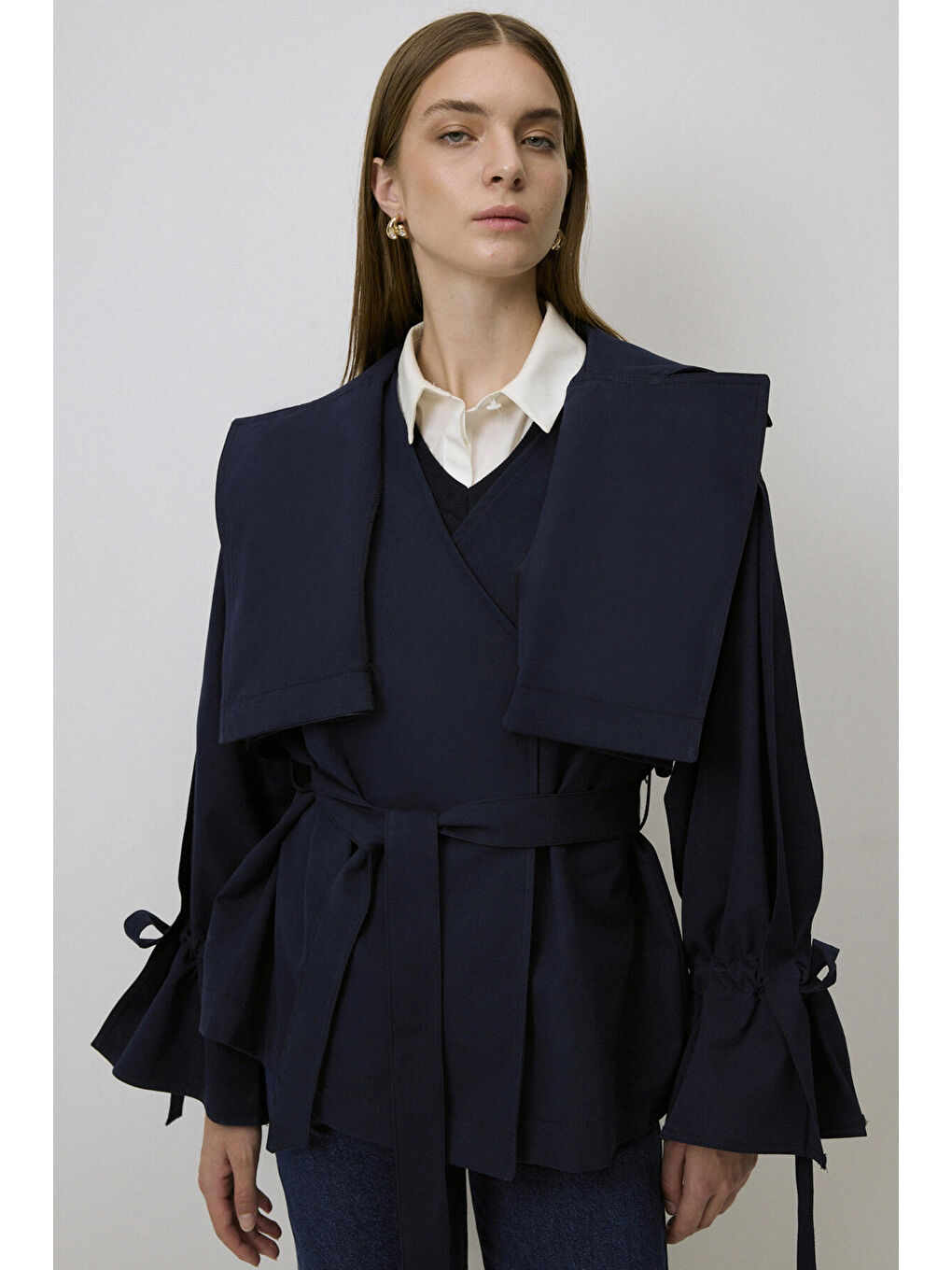 Lacivert Kuşaklı Kısa Trençkot-2