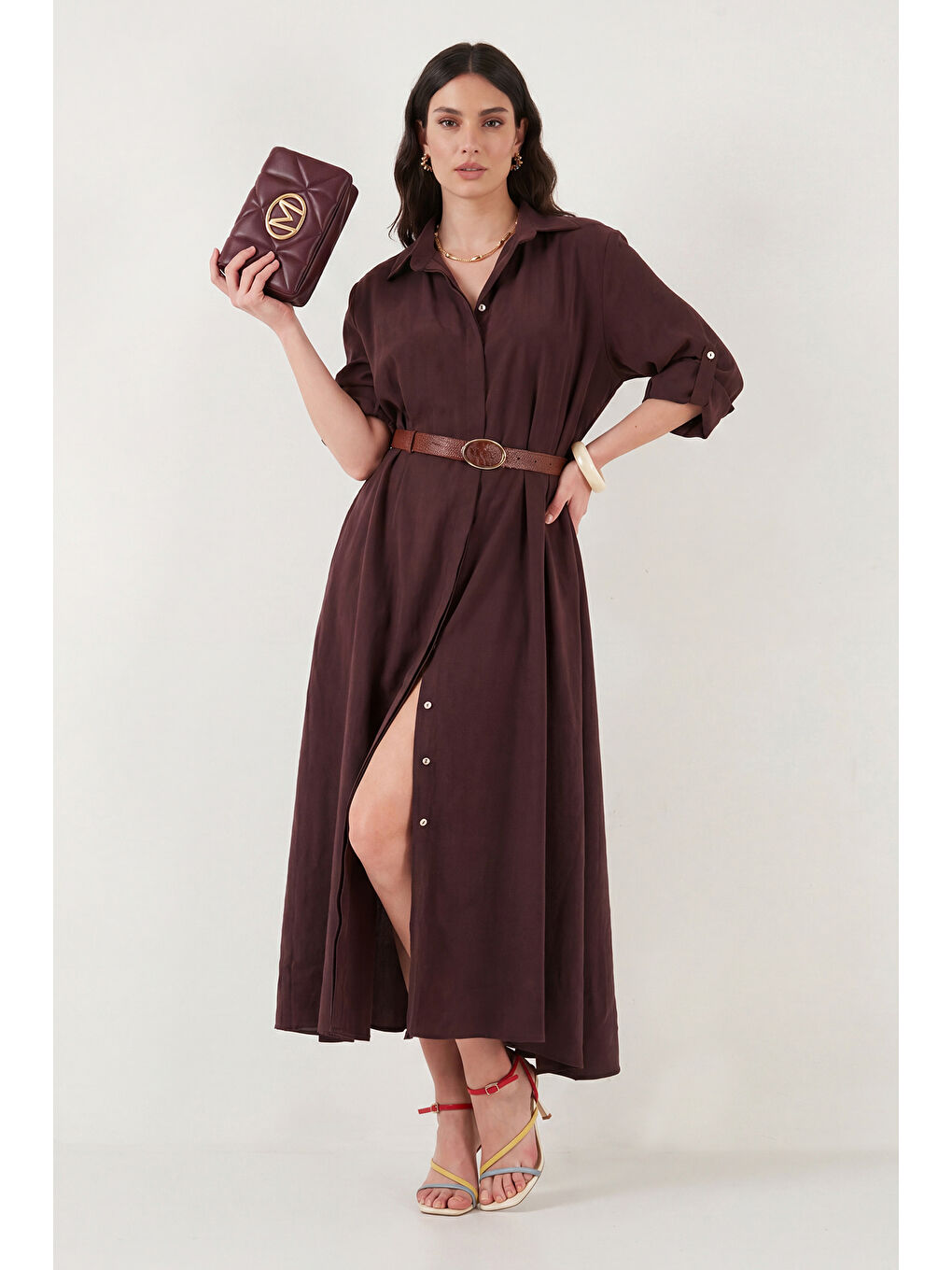 Mürdüm Modal Maxi Kemer Detaylı Klasik Yaka Uzun Kollu Elbise 6833270-4