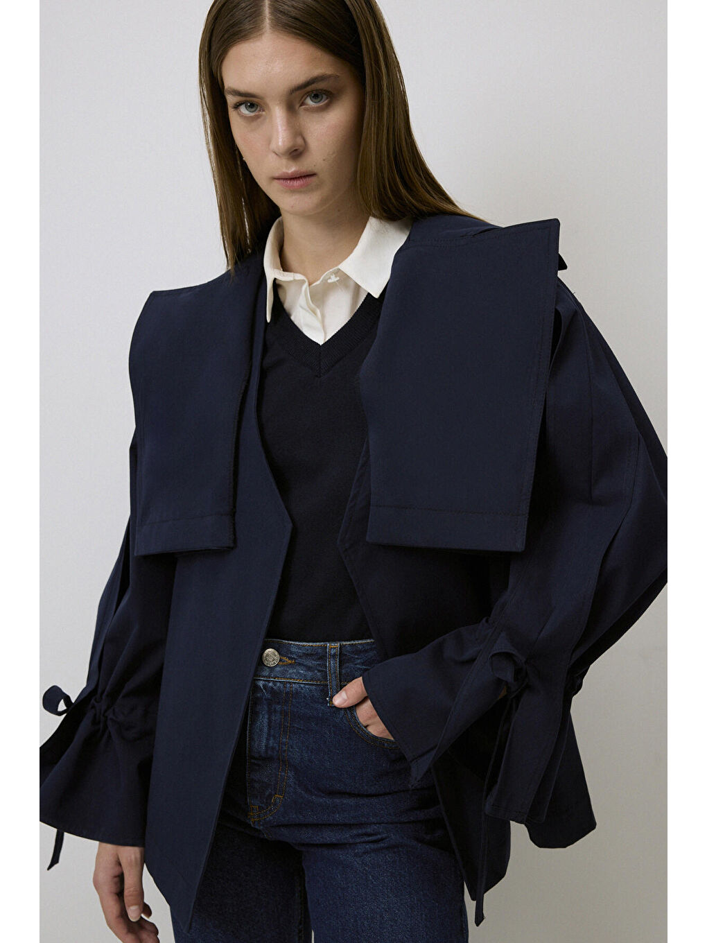 Lacivert Kuşaklı Kısa Trençkot-3