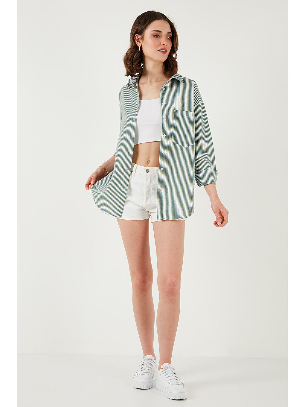 Yeşil Regular Fit Uzun Kollu Cepli Çizgili Kadın Gömlek 6772895-4