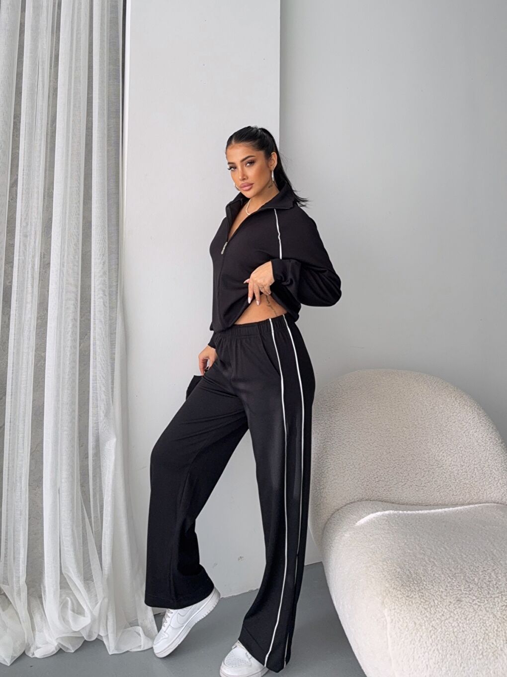 Modal Kumaş Şerit Detaylı Takım Siyah-2