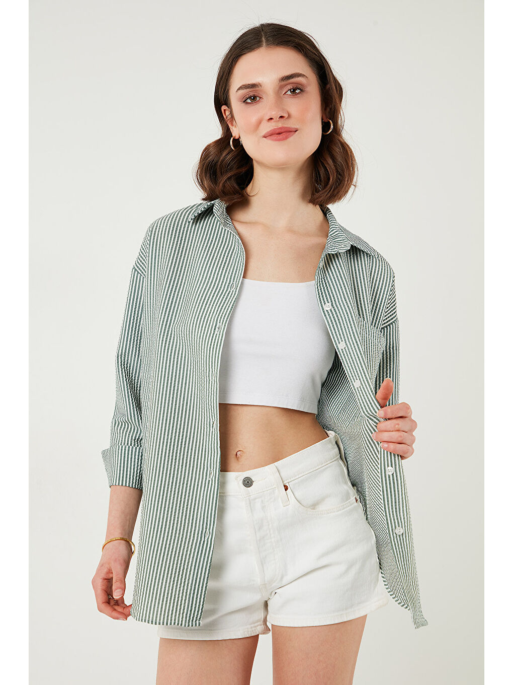 Yeşil Regular Fit Uzun Kollu Cepli Çizgili Kadın Gömlek 6772895-5