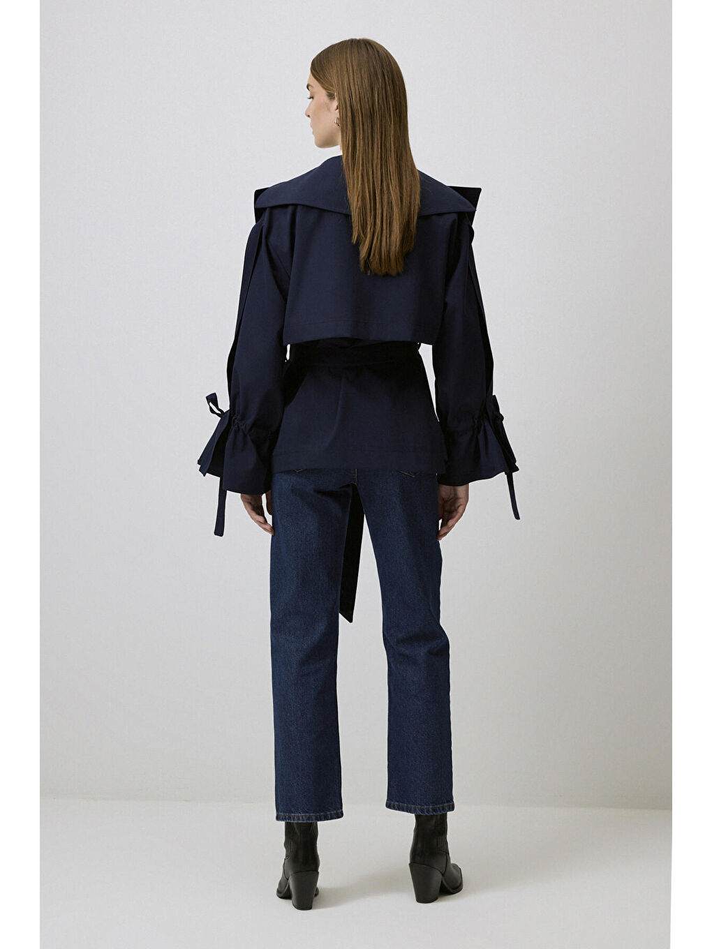 Lacivert Kuşaklı Kısa Trençkot-4